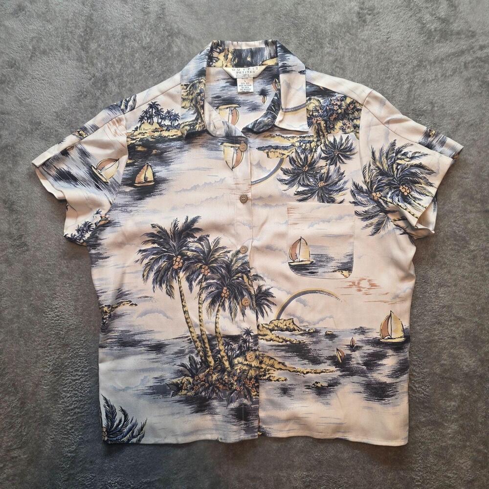 Outfit Petites Button Up Shirt Womens Petites L Beige Silk Hawaiian Tropical